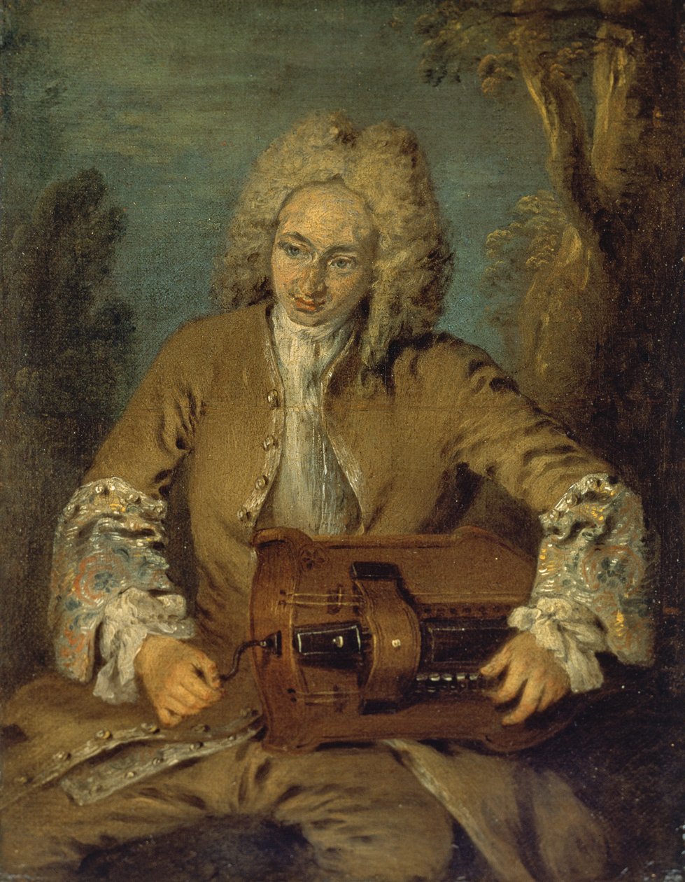 Man die een draailier speelt door Jean Antoine Watteau