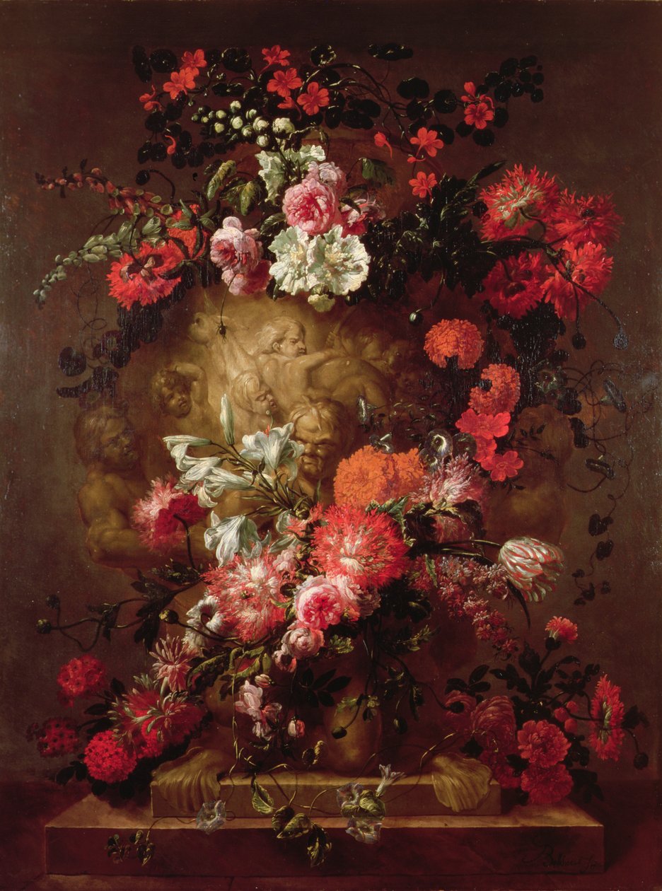 Bloemen rond een enorme urn door Jean Baptiste Bosschaert