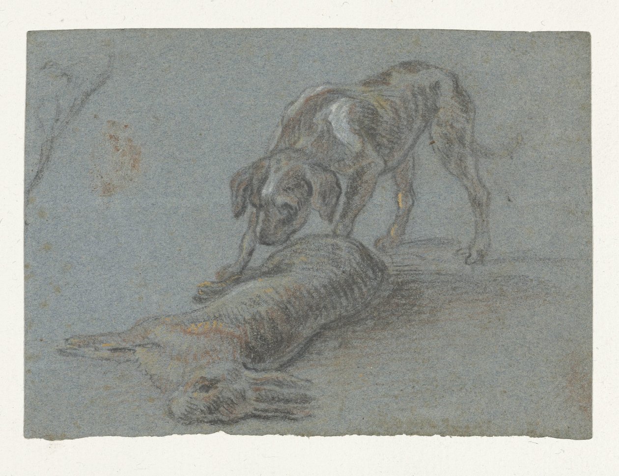 Hond bij een geschoten haas door Jean Baptiste Oudry (possibly)