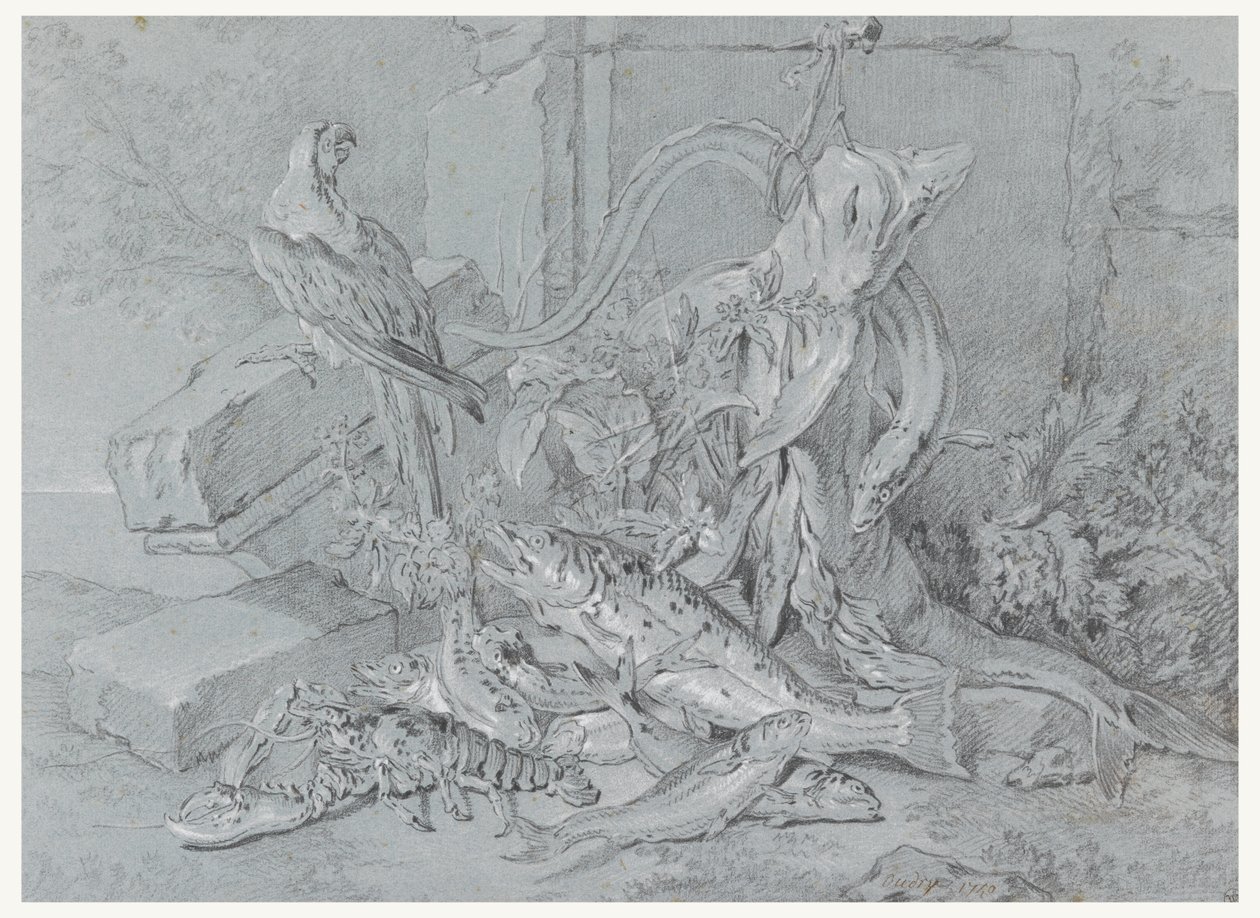 Stilleven met Vis en Papegaai door Jean Baptiste Oudry