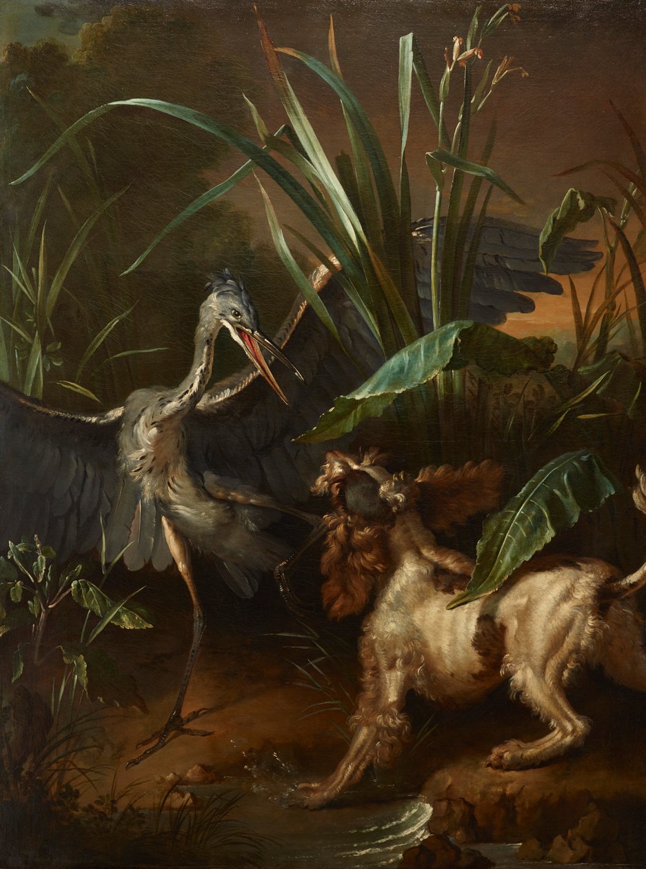 Spaniël tegenover reiger door Jean Baptiste Oudry