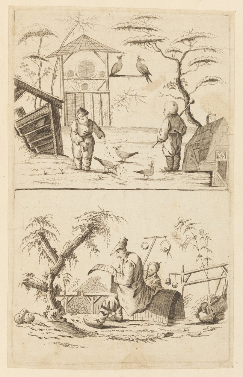 Twee Chinese Scènes door Jean Baptiste Pillement