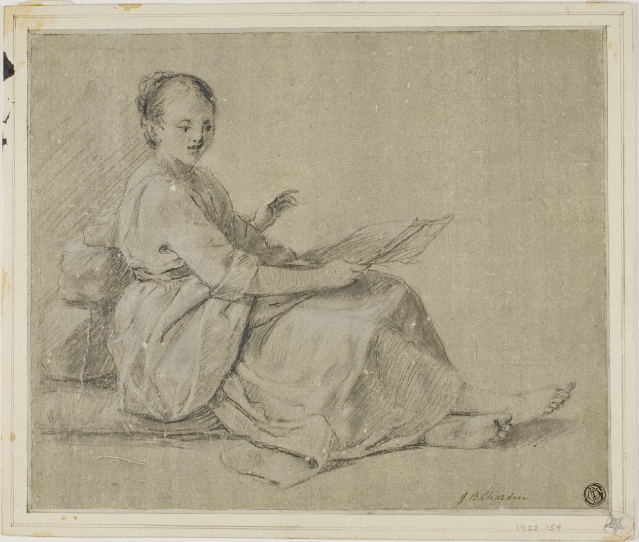 Vrouw op blote voeten zittend op grond door Jean Baptiste Simeon Chardin