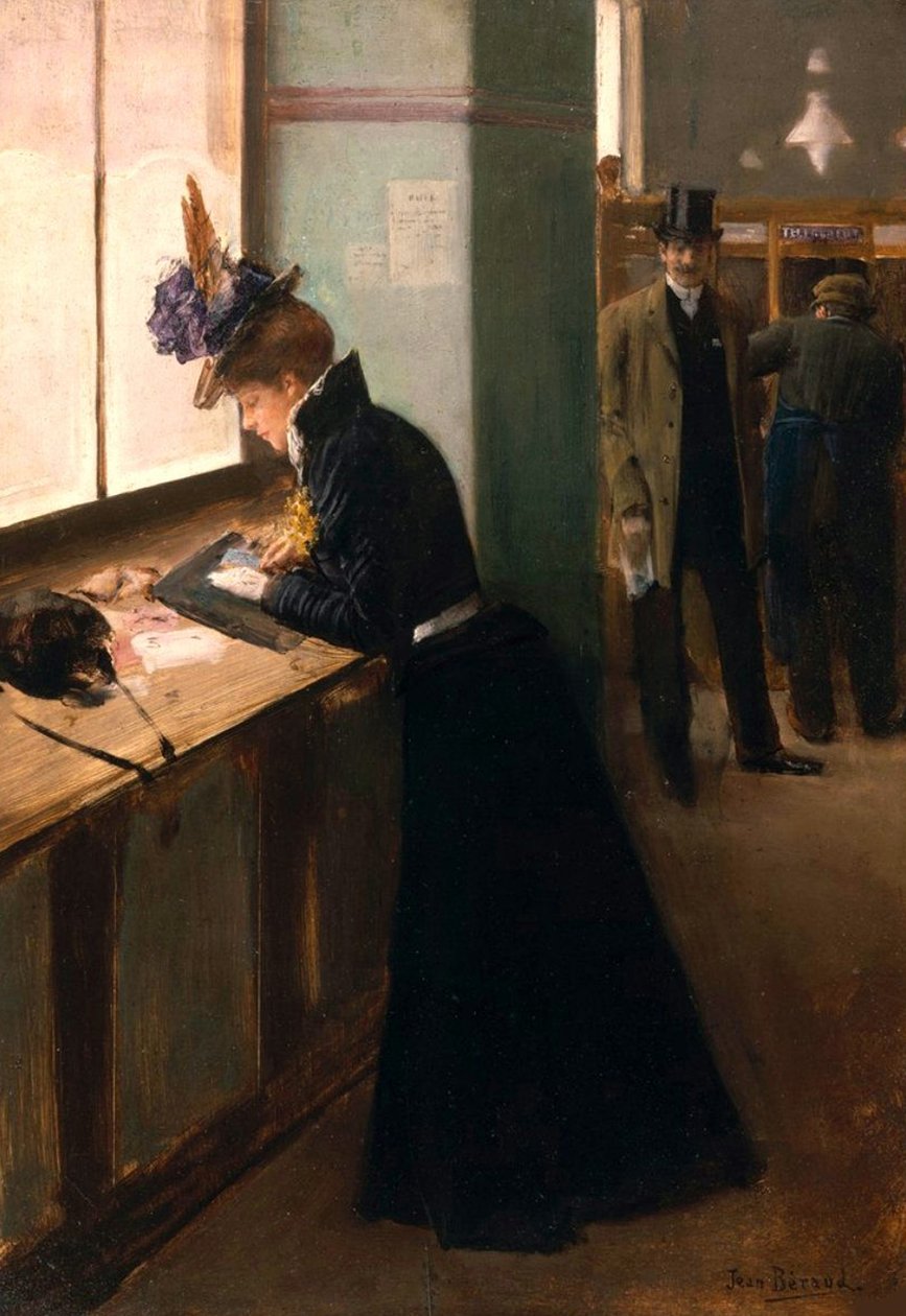 Im Telegraphenbüro door Jean Beraud