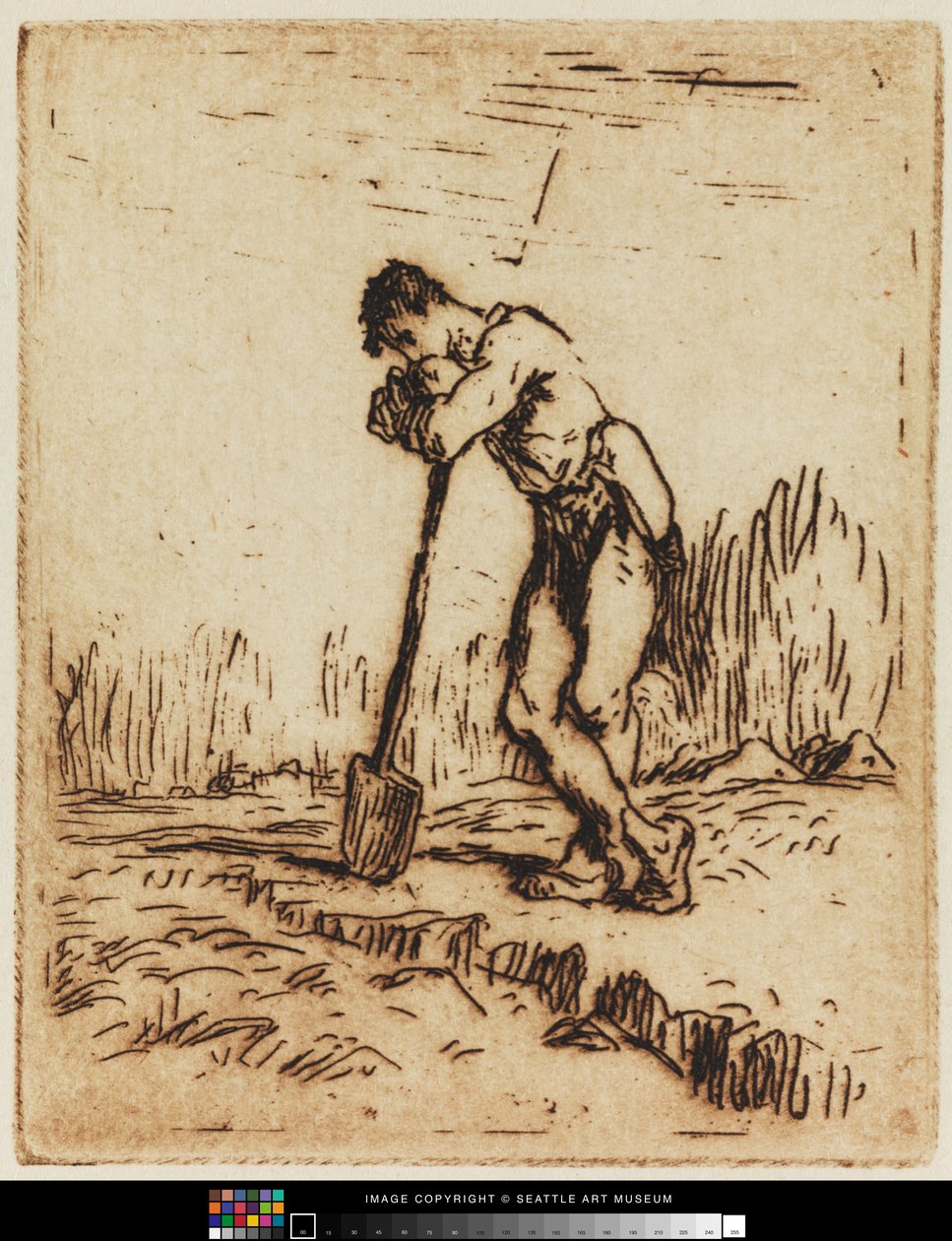 Man leunend op zijn spade door Jean Francois I Millet