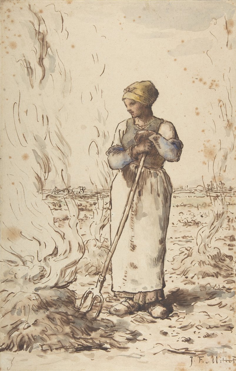 Een Vrouw die Onkruid Verbrandt, 1830-75 door Jean Francois Millet