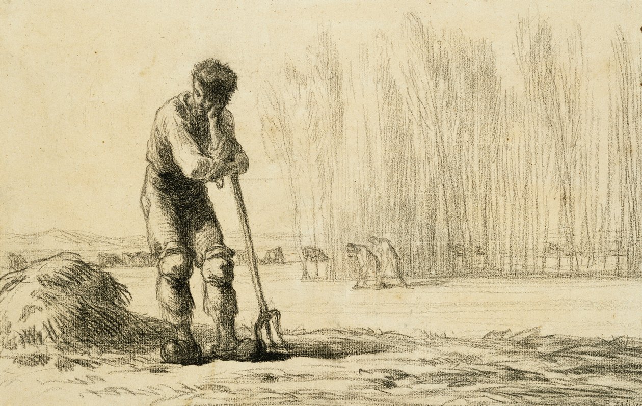 Boer leunend op een hooivork door Jean Francois Millet