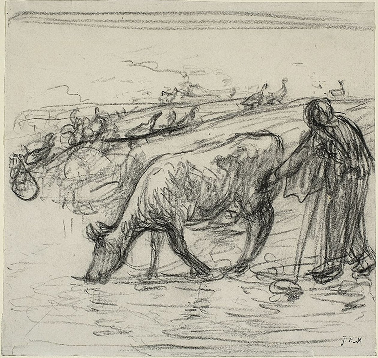 Boerin die haar koe water geeft door Jean Francois Millet