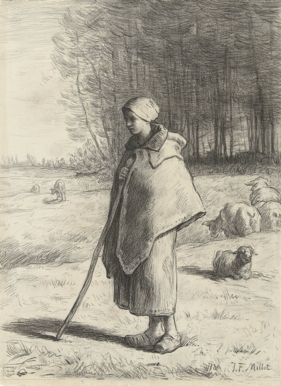Schaapherderin, leunend op een stok door Jean Francois Millet