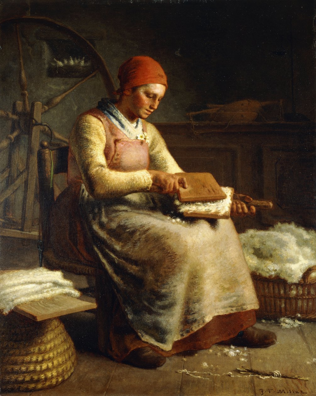 Vrouw die wol kaardt door Jean Francois Millet