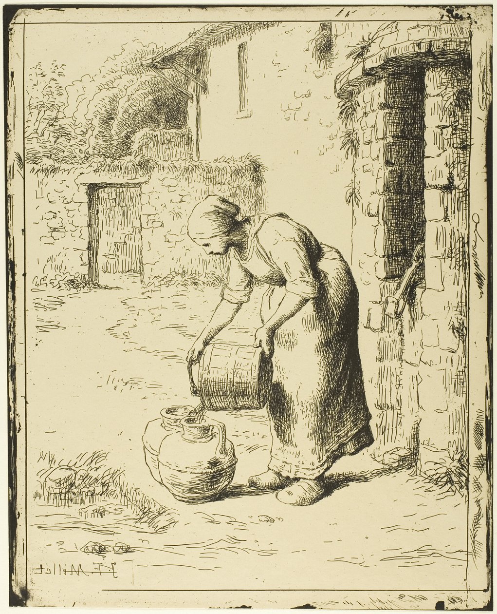 Vrouw die een emmer leegt door Jean Francois Millet