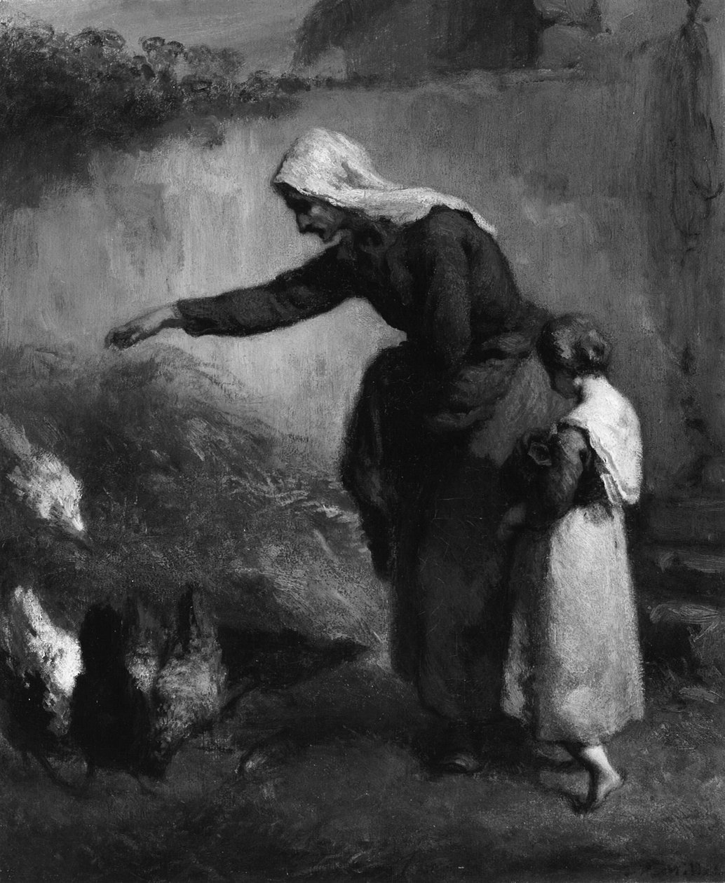 Vrouw die Kippen Voert door Jean Francois Millet