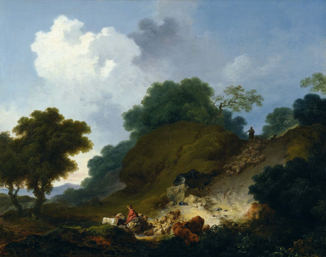 Kudde schapen gaat de heuvel af door Jean Honore Fragonard