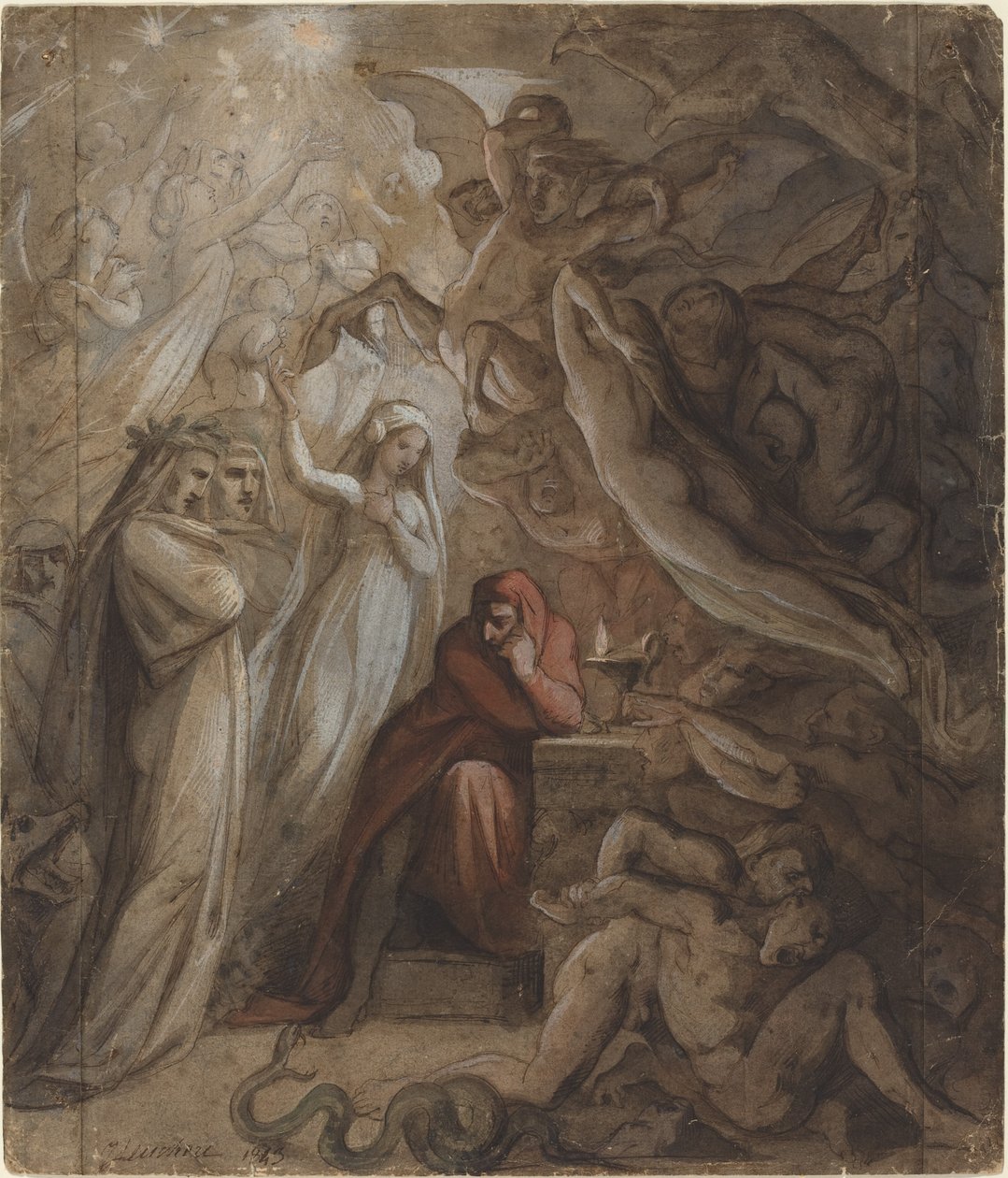 Dante mediteert over de "Goddelijke Komedie" door Jean Jacques Feuchere