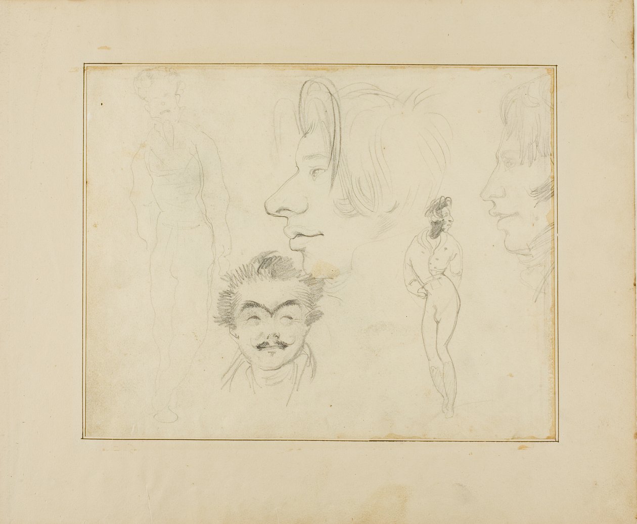 Blad met karikaturen door Jean Louis André Théodore Géricault