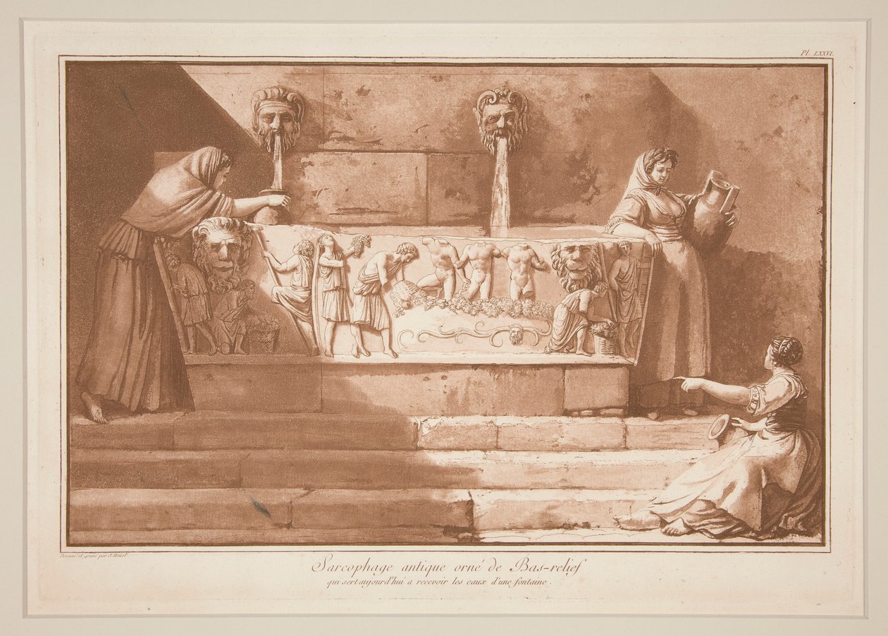 Antieke sarcofaag met bas-reliëf door Jean Pierre Laurent Houel
