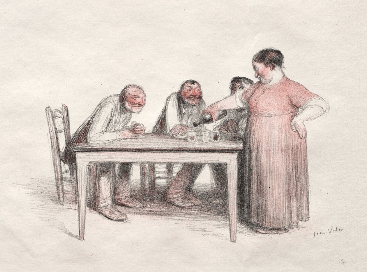 Het glas wijn (kleurenlitho) door Jean Veber