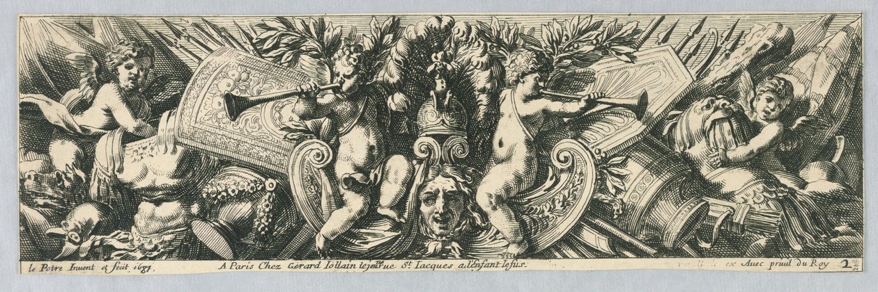 Friezen: trofeeën van wapens en putti door Jean le Pautre