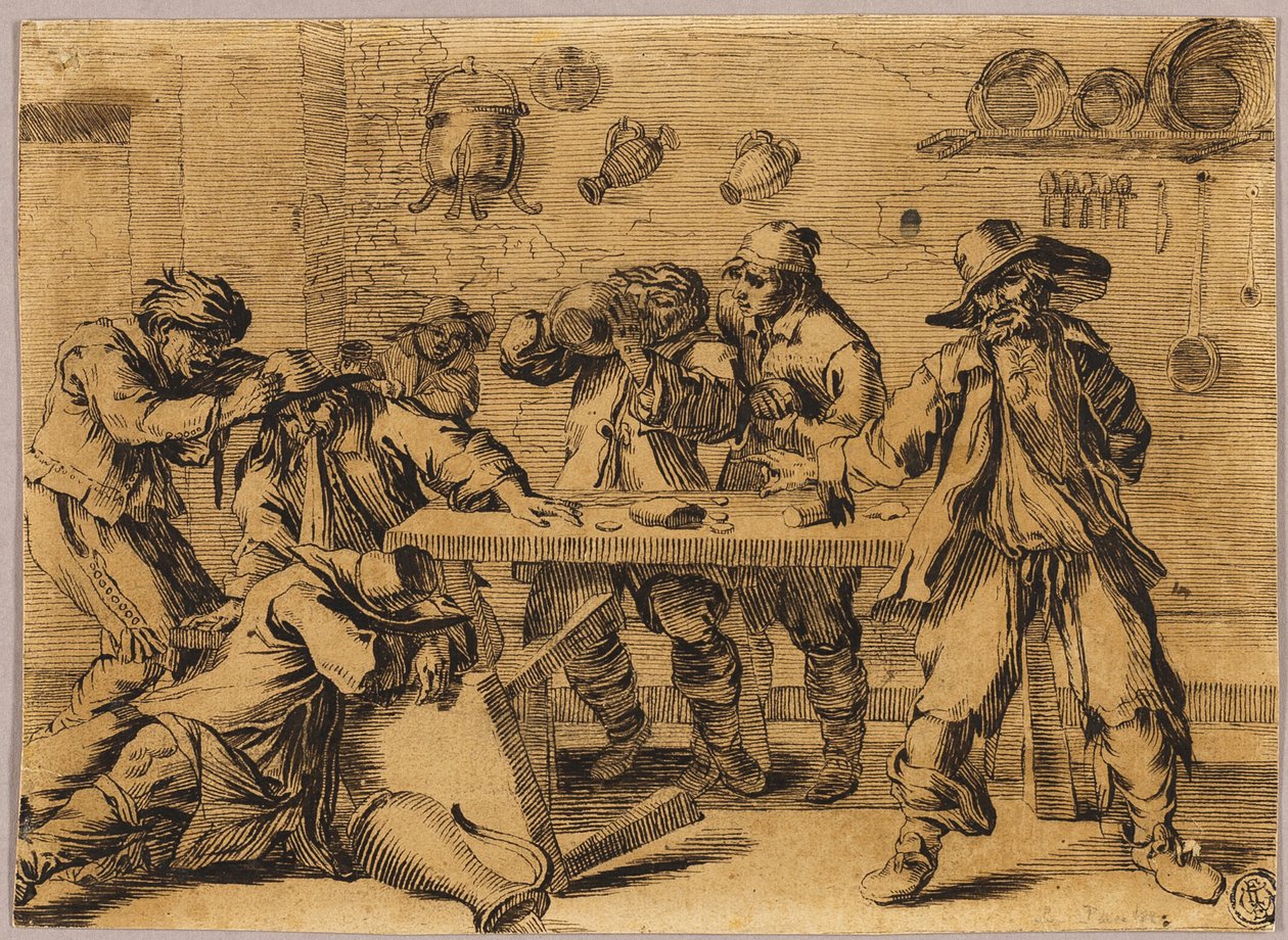 Herbergscène met feestende mannen door Jean le Pautre