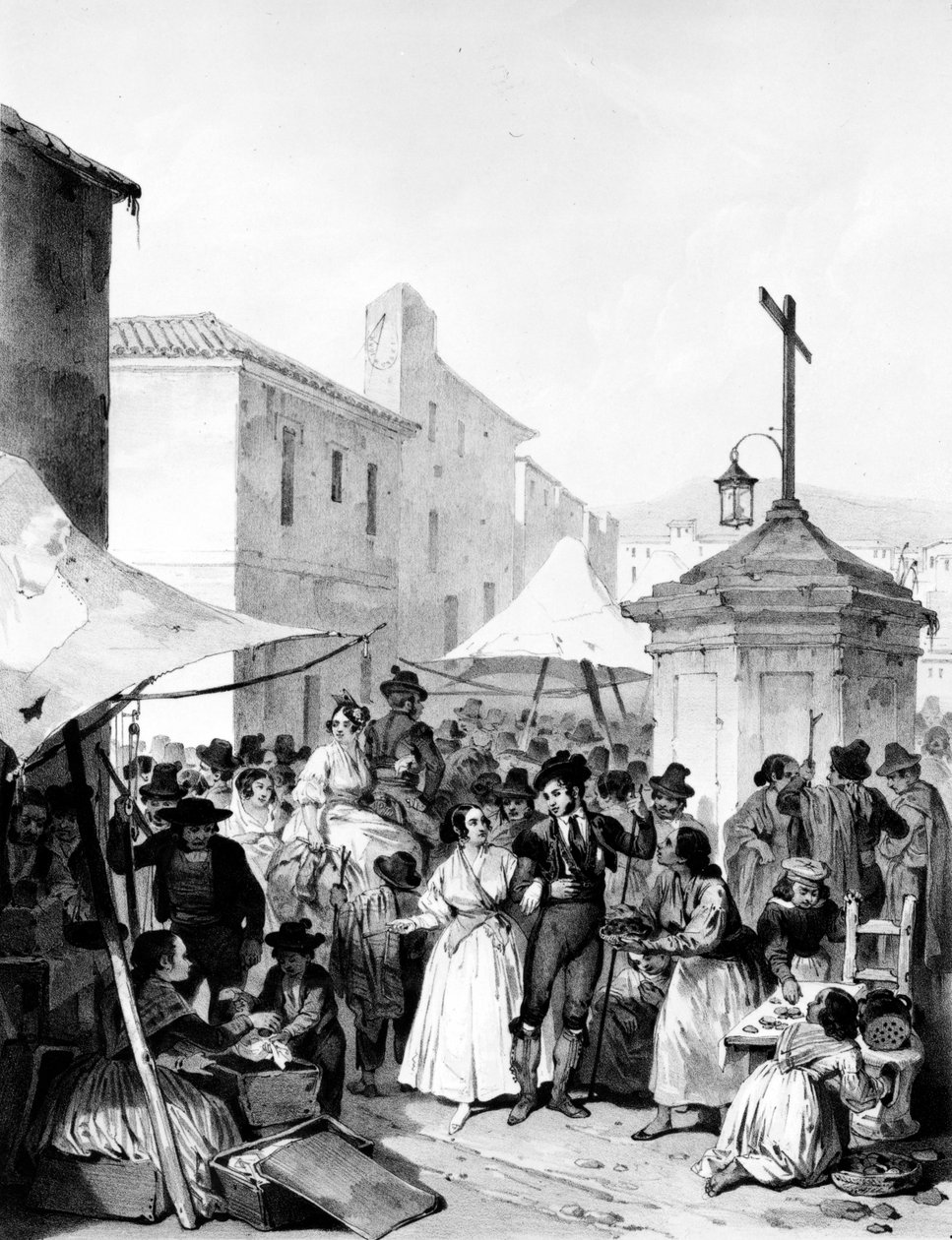 Mayrena Fair, gegraveerd door Bayot, 1842 door Jenaro Pérez Villaamil