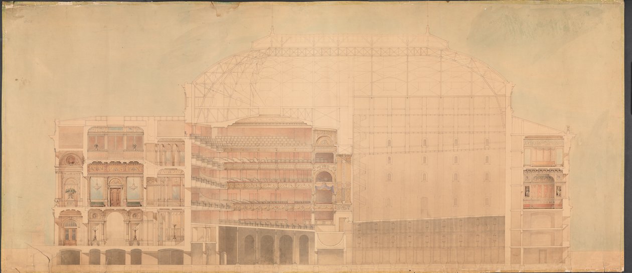 Het Koninklijk Theater 1874. Lengtedoorsnede door Jens Vilhelm Dahlerup