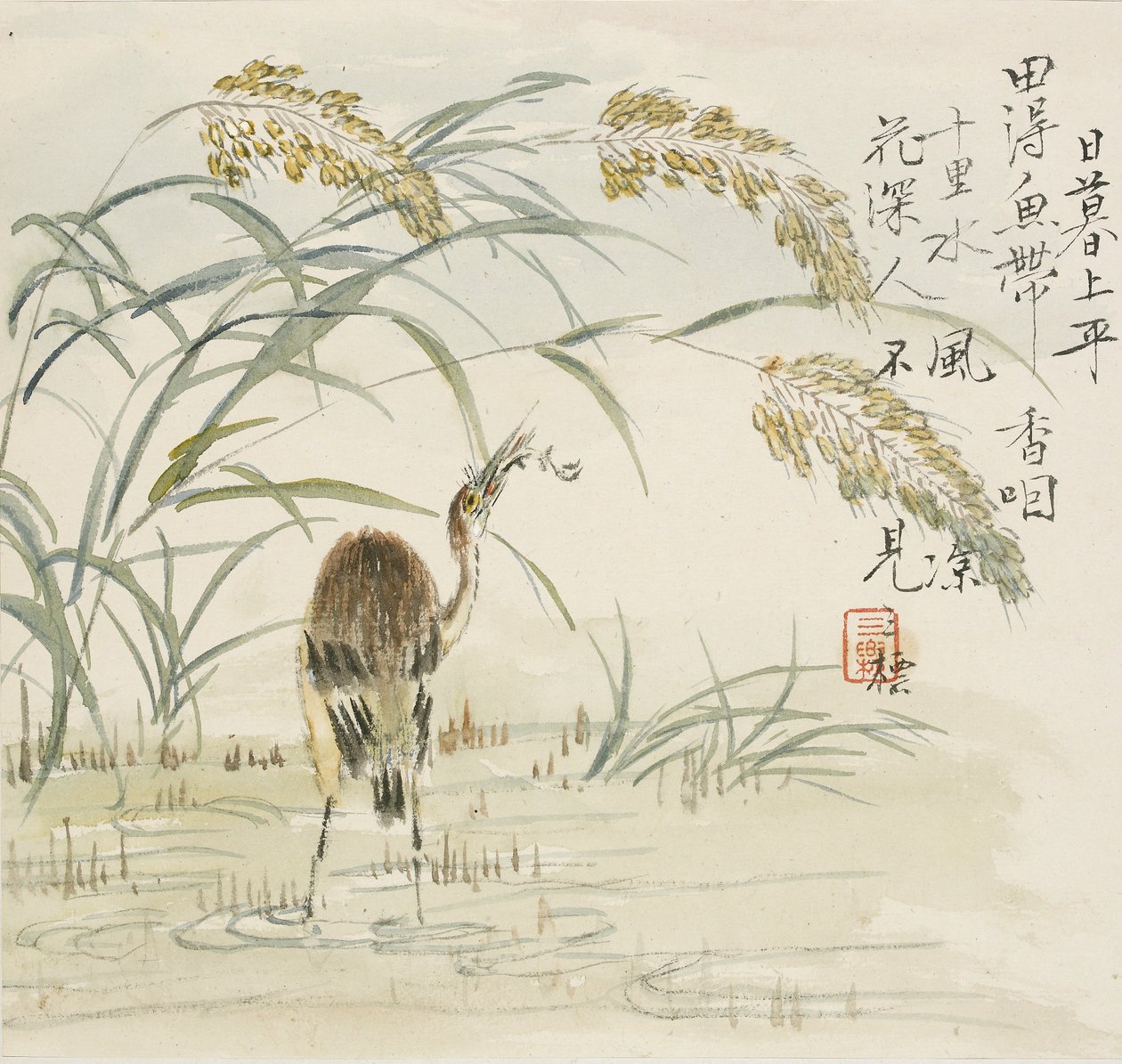 Een reiger die een vis eet door Jin Yuan