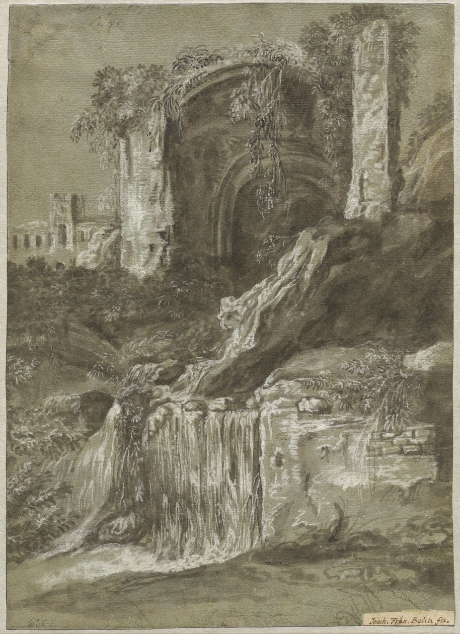 Een Waterval met Ruïnes (verso) door Joachim Franz Beich