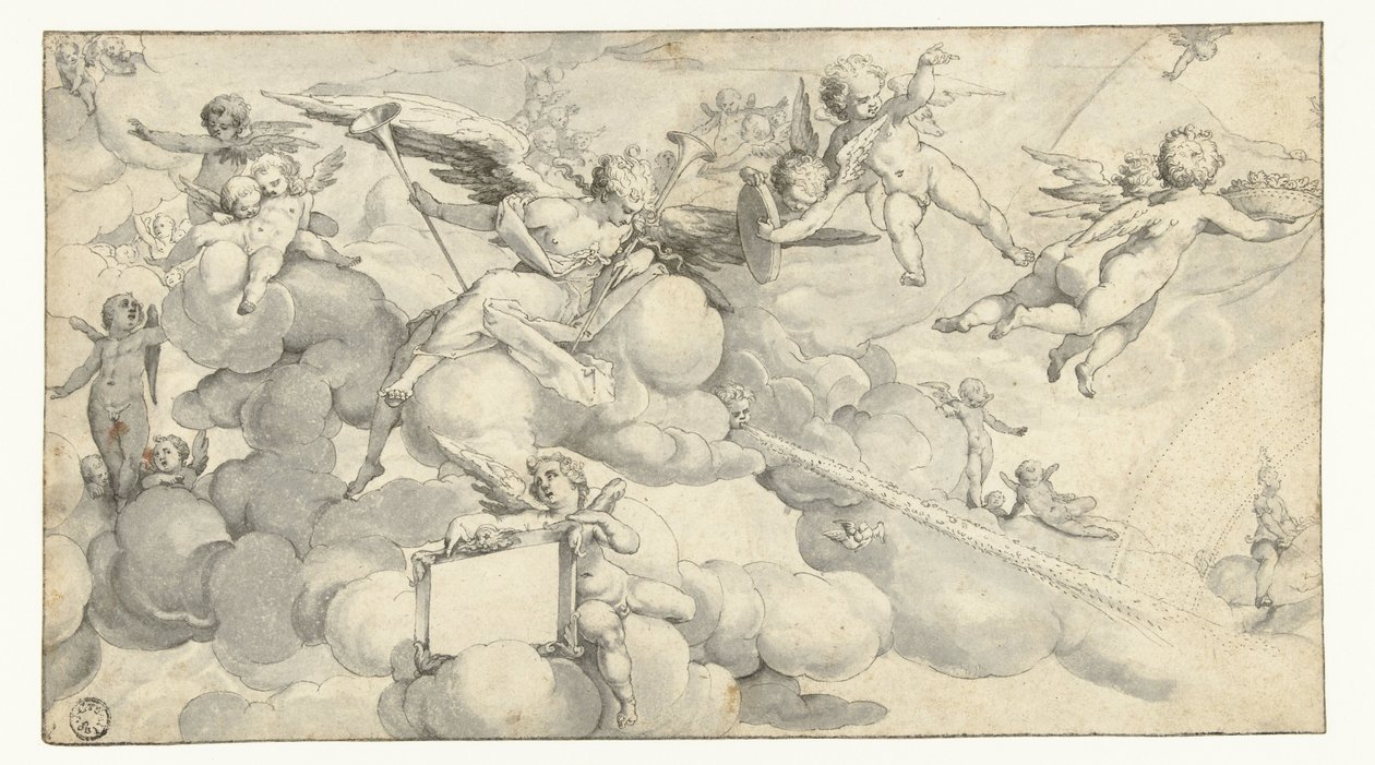 Putti en engel met cartouche door Joachim Wtewael (circle of)