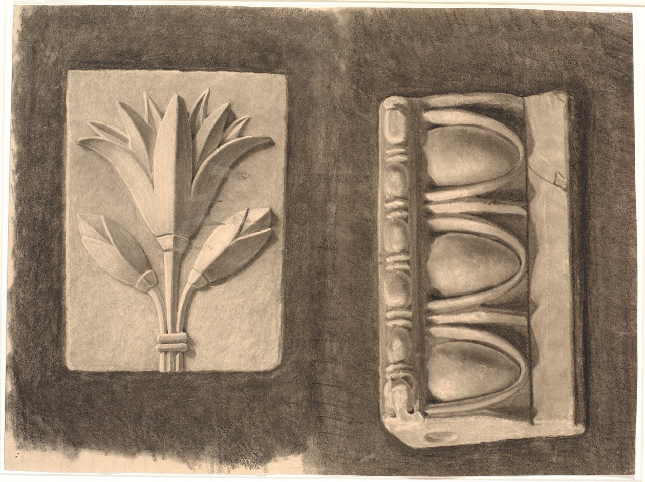 Tekening naar gips. Twee ornamentale fragmenten door Joakim Frederik Skovgaard
