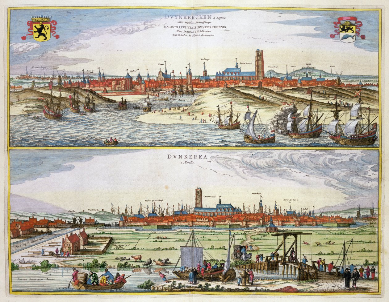 De stad Duinkerken tijdens de Spaanse bezetting, gepubliceerd in Amsterdam, 1649 door Joan Blaeu