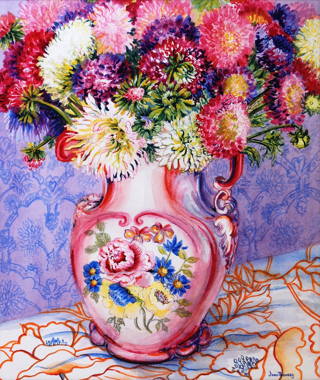Asters in een Roze Bloem Victoriaanse Kan door Joan Thewsey