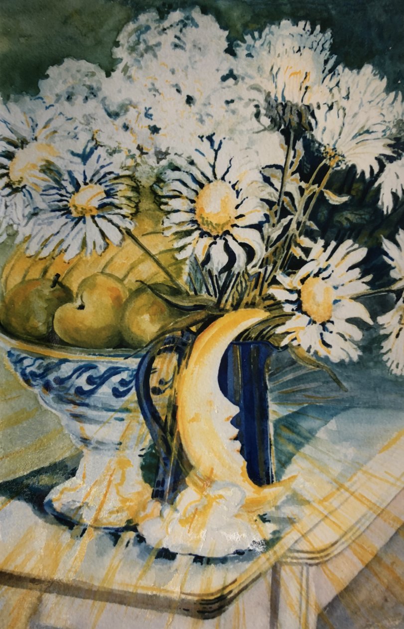 Margrieten in een Blauwe Kan met een Maanlamp door Joan Thewsey