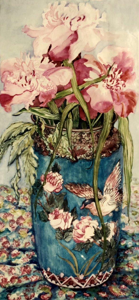 Pioenen in een Cloisonne Vaas door Joan Thewsey