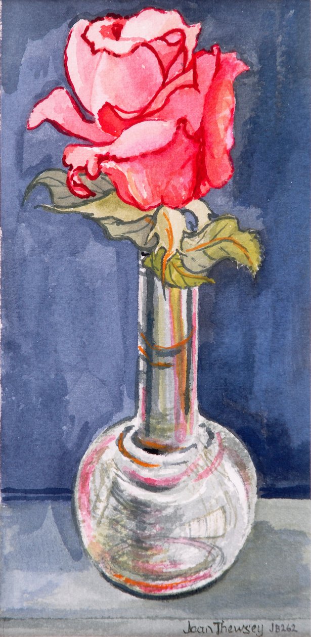 Roze roos in een knopvaas, 2000 door Joan Thewsey