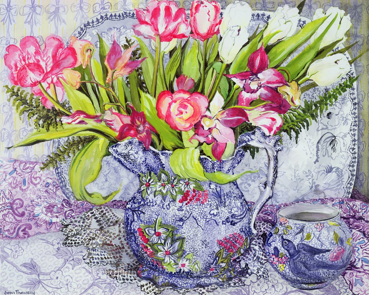 Roze en Witte Tulpen, Orchideeën en Blauwe Antieke Porselein door Joan Thewsey
