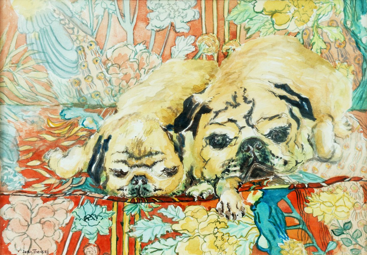 Mopshonden op een Chinese printbank, 2000 door Joan Thewsey