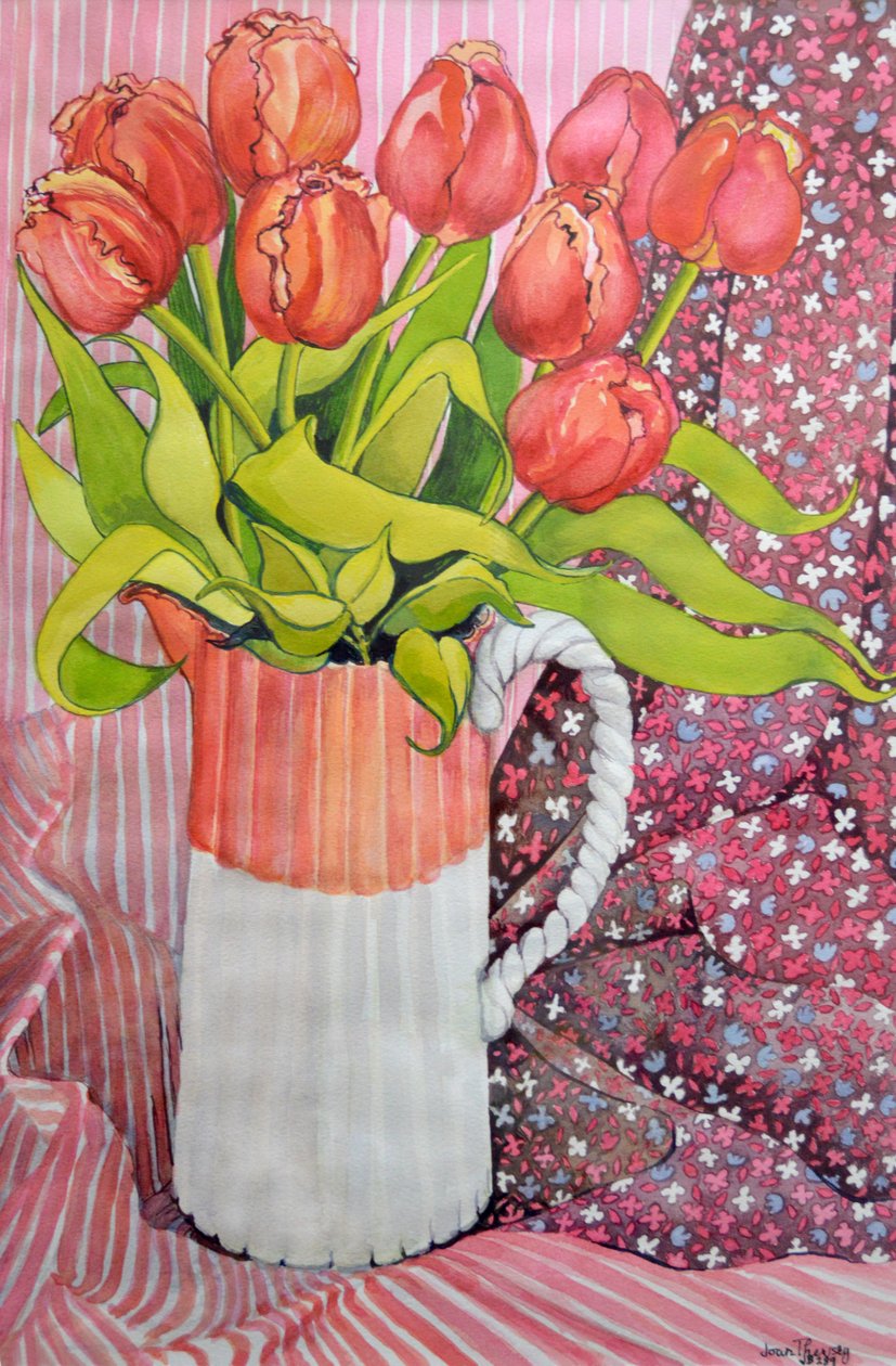 Tulpen in een Roze en Witte Kan door Joan Thewsey