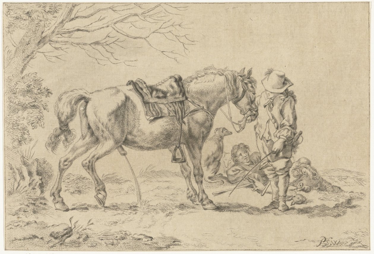 Ruiter naast pissend paard door Joannis Jacobus Bijlaert