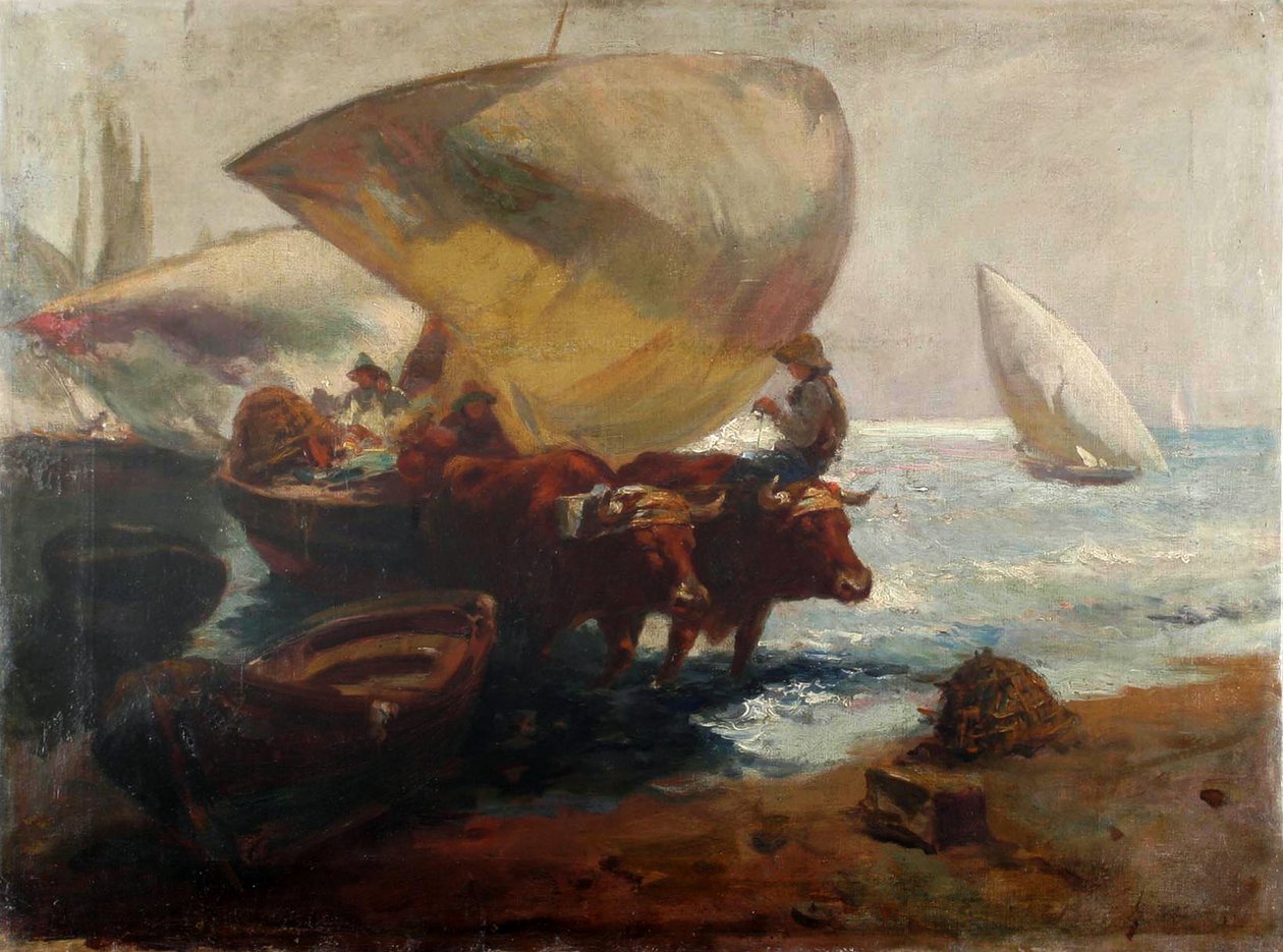 Strandscène met Figuren en Stieren door Joaquín Sorolla
