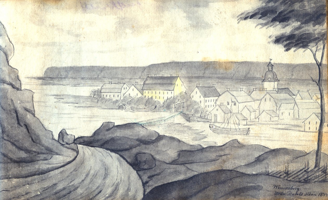 Laverad tuschtekening van uitzicht op Vänersborg vanaf de Dalsland kant van Vänern door Johan Gustaf Thun