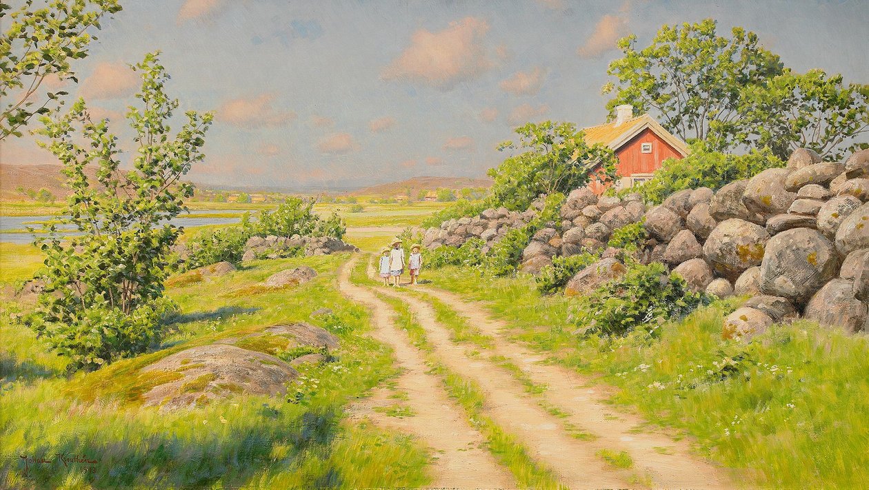 Zomerlandschap met wandelende kinderen door Johan Fredrik Krouthen