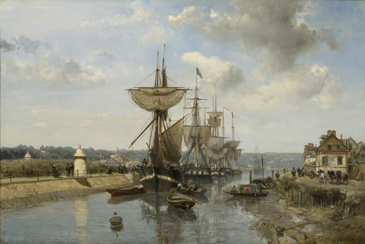 Fregatten, haven van Harfleur, c.1852-53 door Johan Barthold Jongkind