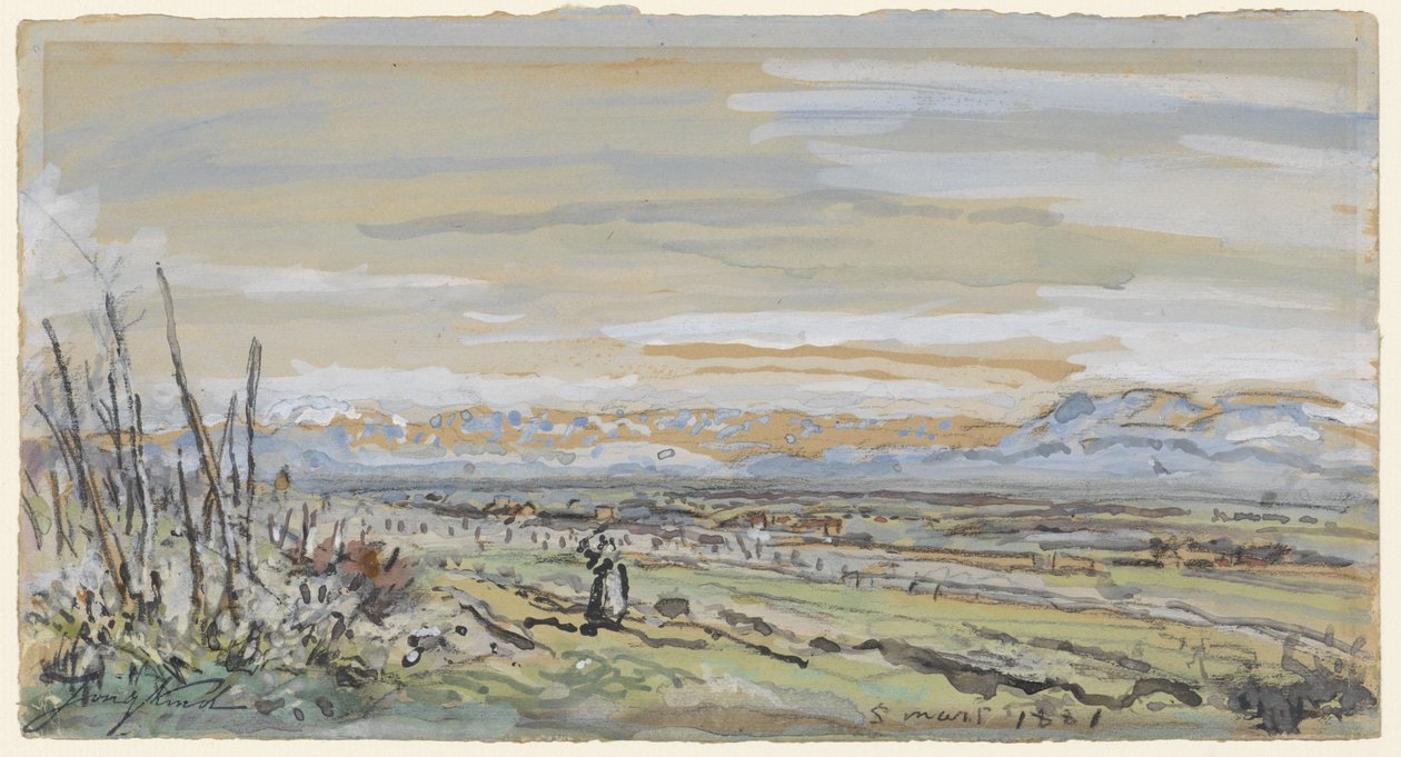 Gezicht op een vlak landschap door Johan Barthold Jongkind