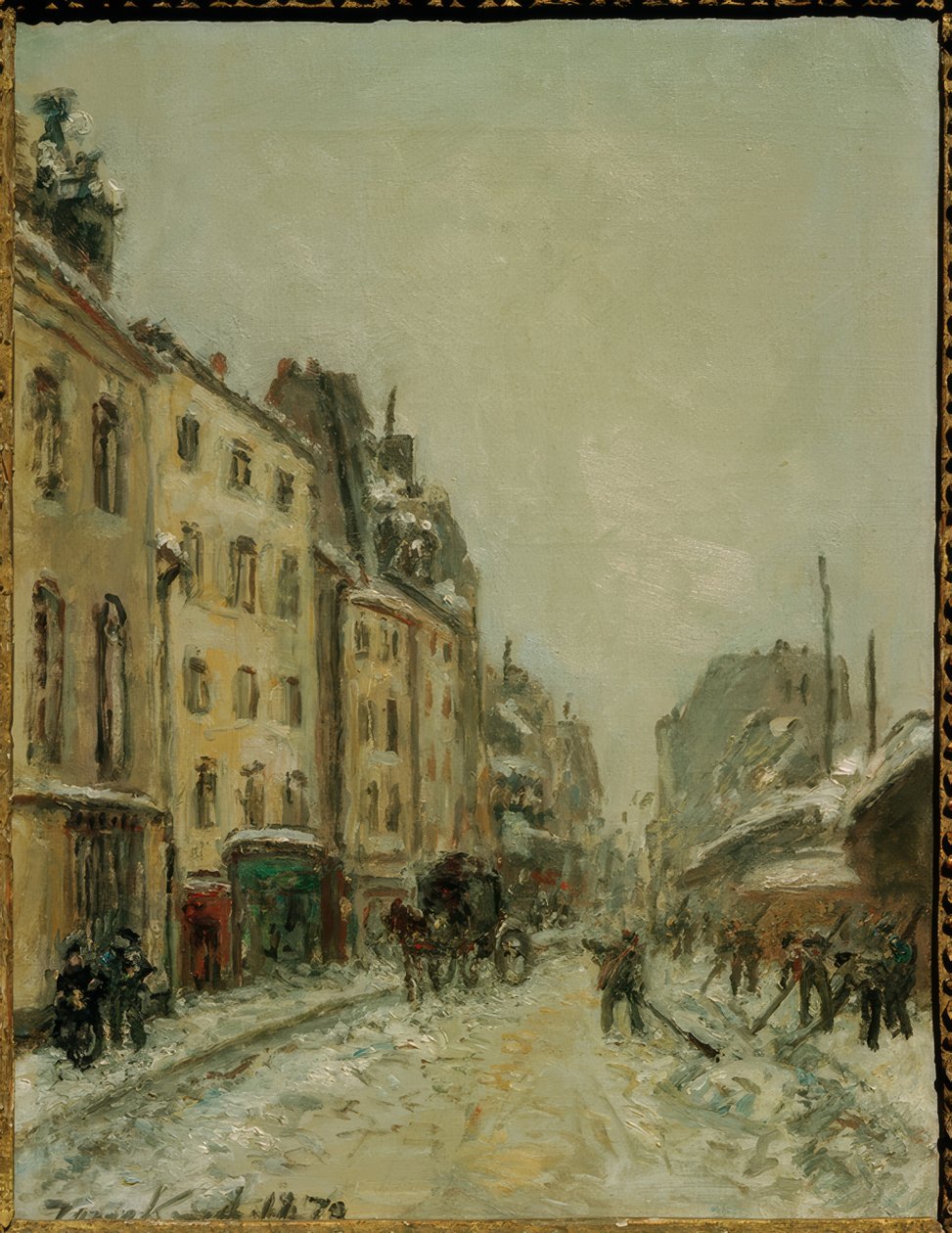 Rue du Faubourg Saint-Jacques, sneeuwschuivers door Johan Barthold Jongkind