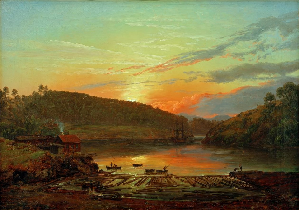 Landschap bij Skien in de zonsondergang door Johan Christian Dahl