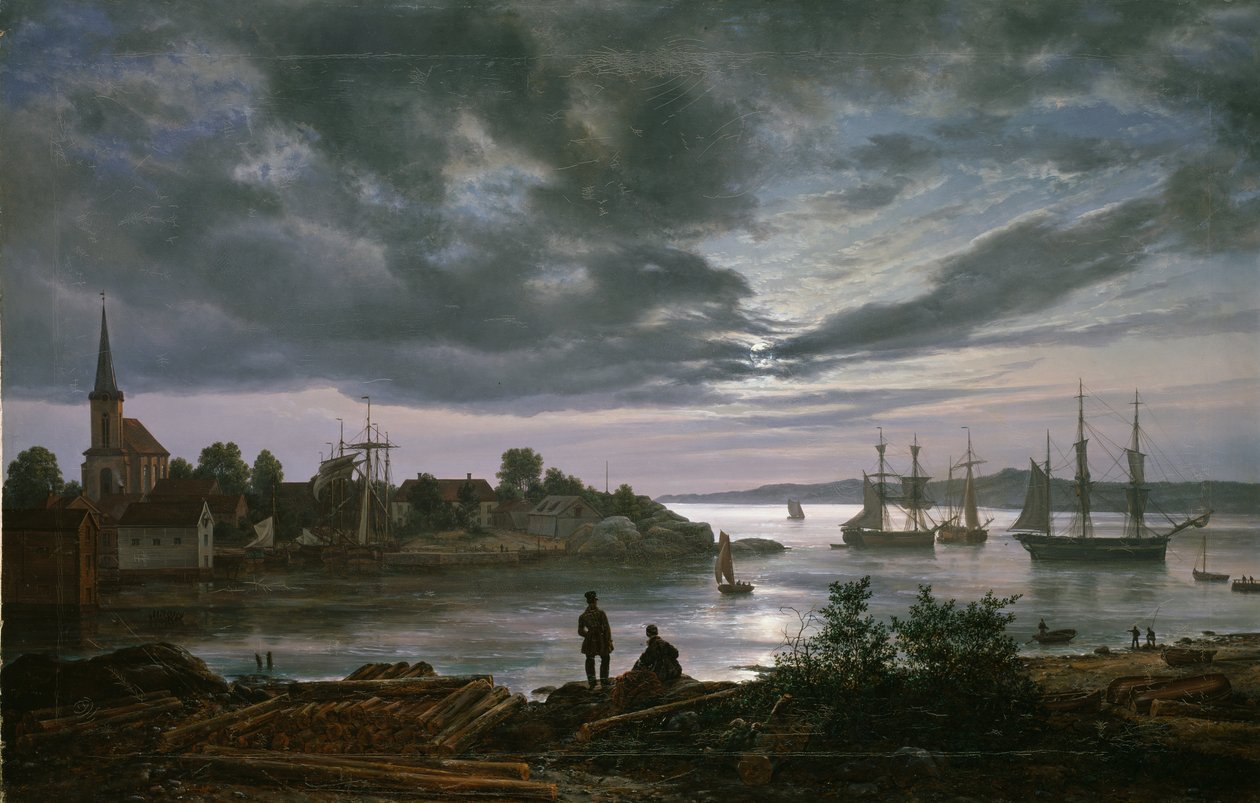 Larvik bij maanlicht door Johan Christian Dahl