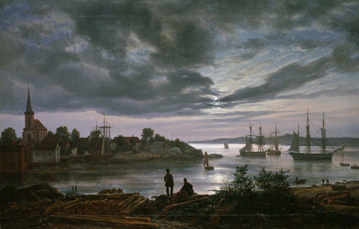 Larvik bij maanlicht door Johan Christian Dahl
