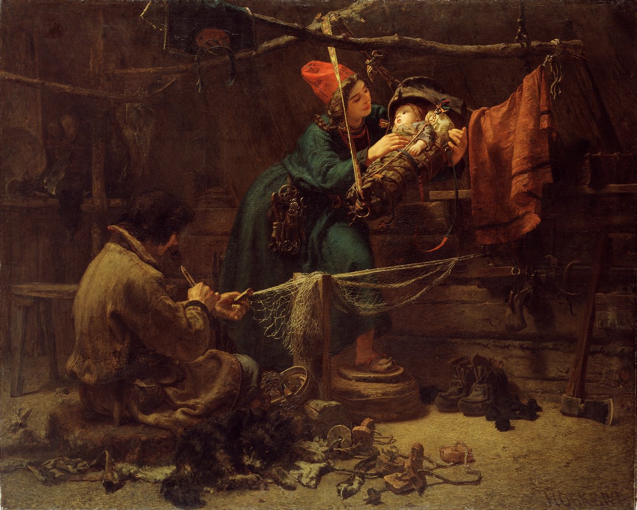 Binnen in de tent van een Laplander, 1857 door Johan Fredrik Hockert