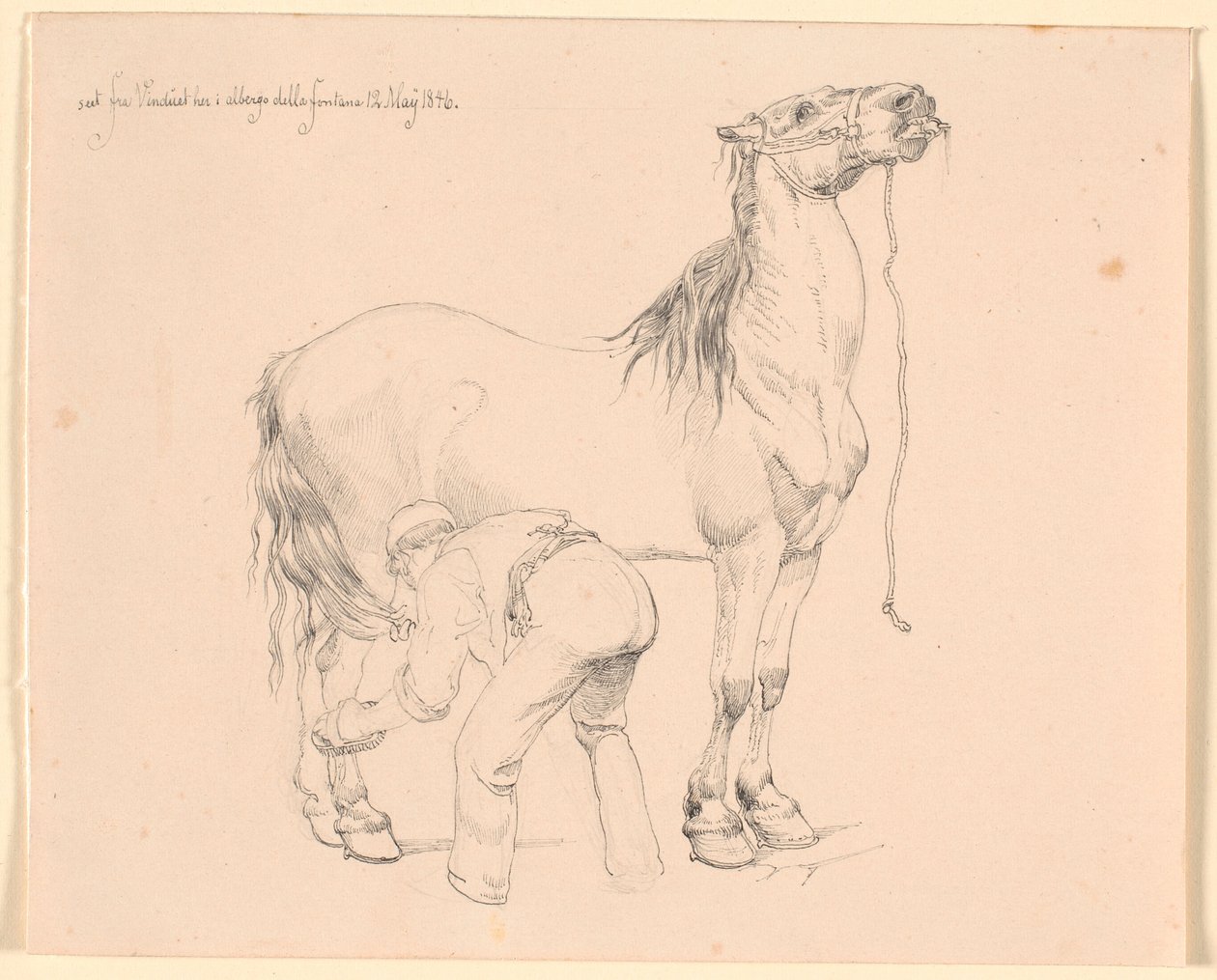 Een paard wordt geborsteld door Johan Thomas Lundbye