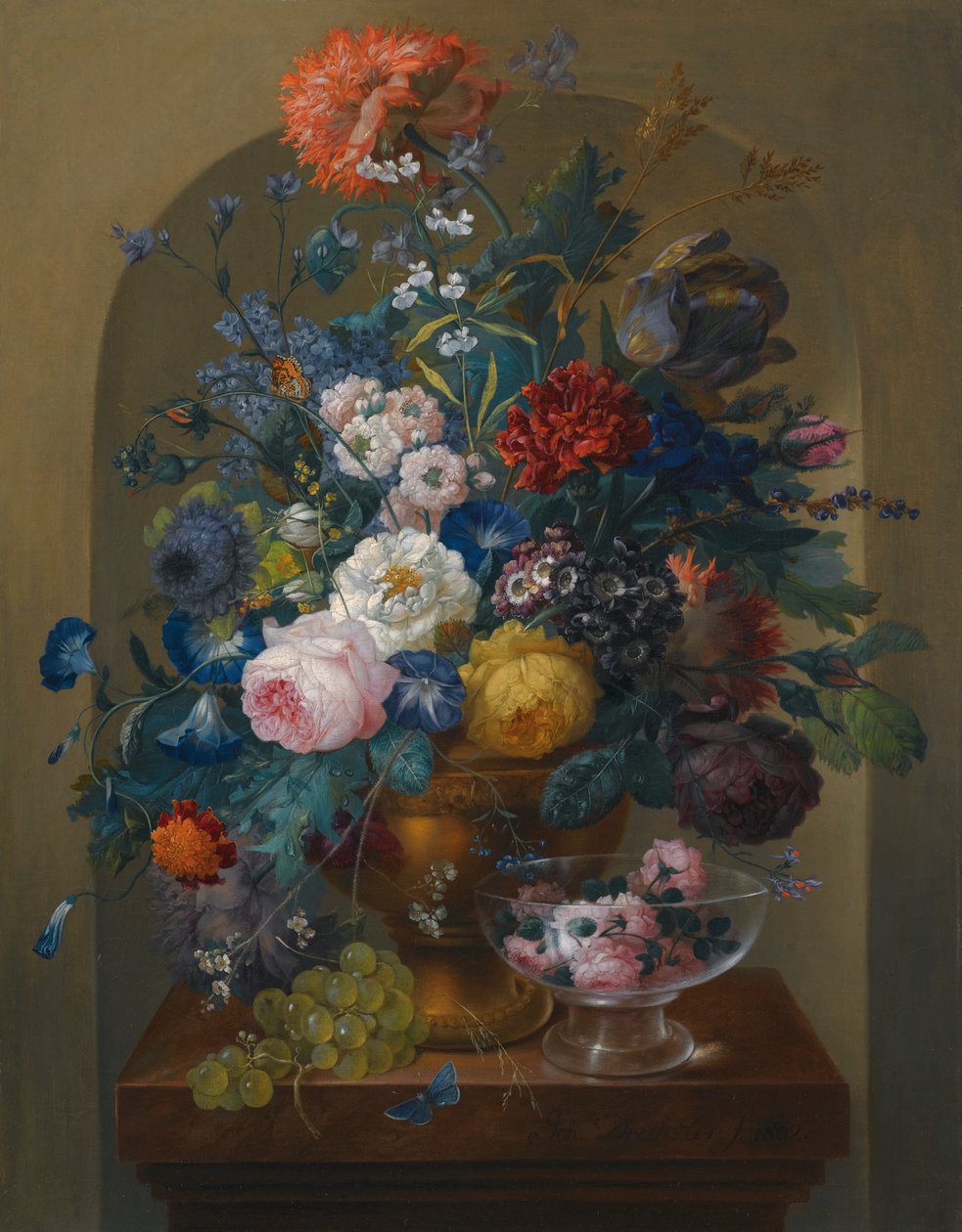 Stilleven van Bloemen in een Urn Samen met Afgesneden Rozen in een Glas door Johann Baptist Drechsler